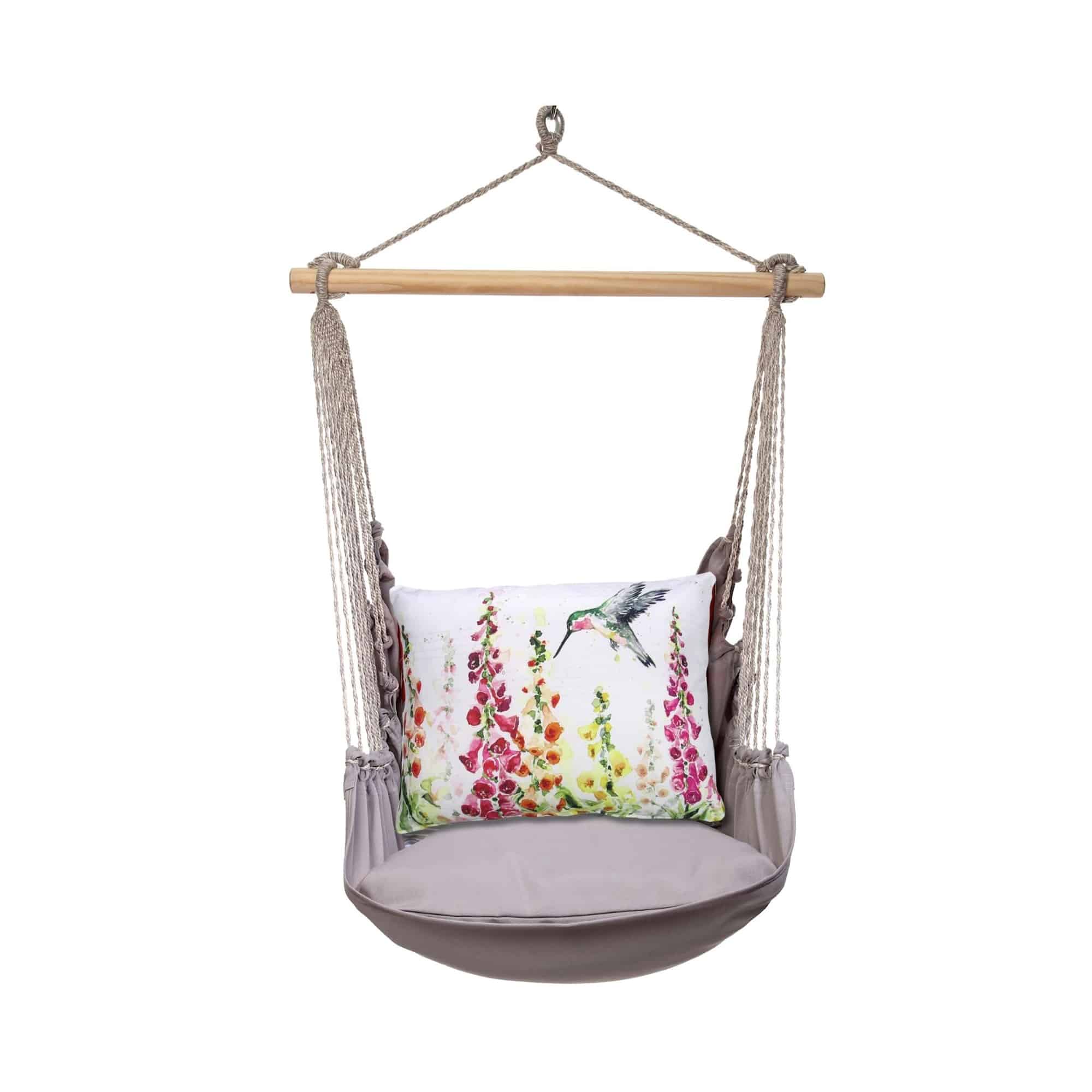 Gray outdoor swing crafted by the artisans of Magnolia Casual called the Swing Set 4 piece Gray Solid w/ Foxgloves w/Hummingbird featuring 100 percent weather resistant fabric, weather resistant polyester fabric, handcrafted shown against a clean backdrop featuring with a hummingbird motif and shades of gray.