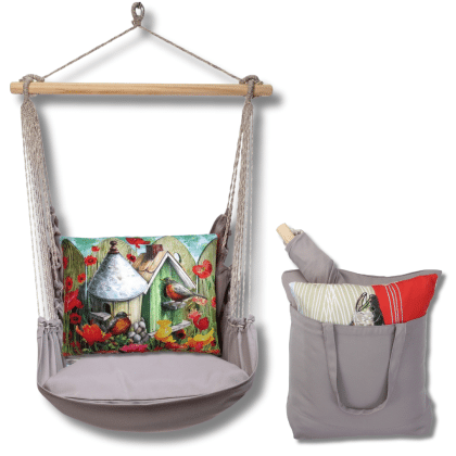 Gray outdoor swing crafted by the artisans of Magnolia Casual called the Swing Set 4 piece Gray Solid w/ Birdhouse w/Dome featuring 100 percent weather resistant fabric, weather resistant polyester fabric, handcrafted shown against a clean backdrop featuring shades of gray.