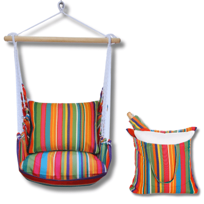Multi colored outdoor swing crafted by the artisans of Magnolia Casual called the Swing Set 4 piece Le Jardin Stripe w/ Le Jardin Stripe featuring 100 percent weather resistant fabric, weather resistant polyester fabric, handcrafted shown against a clean backdrop featuring with a stripe motif.