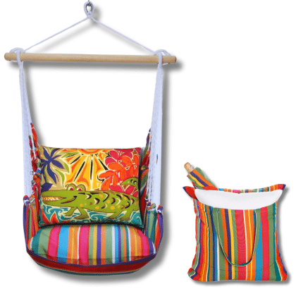 Multi colored outdoor swing crafted by the artisans of Magnolia Casual called the Swing Set 4 piece Le Jardin Stripe w/ Alligator featuring 100 percent weather resistant fabric, weather resistant polyester fabric, handcrafted shown against a clean backdrop featuring with a stripe motif.