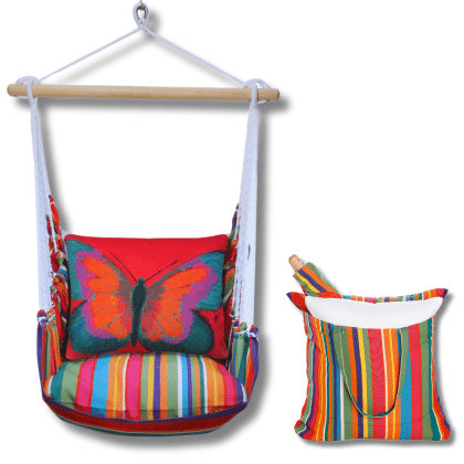 Red outdoor swing crafted by the artisans of Magnolia Casual called the Swing Set 4 piece Le Jardin Stripe w/ Brilliant Red Butterfly featuring 100 percent weather resistant fabric, weather resistant polyester fabric, handcrafted shown against a clean backdrop featuring with a stripe motif and shades of red.