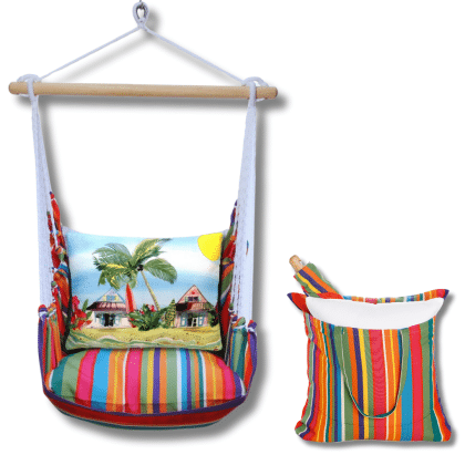 Multi colored outdoor swing crafted by the artisans of Magnolia Casual called the Swing Set 4 piece Le Jardin Stripe w/ Surf Shack featuring 100 percent weather resistant fabric, weather resistant polyester fabric, handcrafted shown against a clean backdrop featuring with a stripe motif.