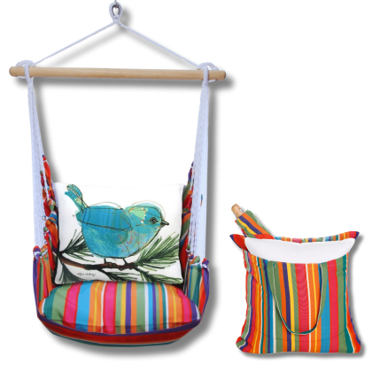 Blue outdoor swing crafted by the artisans of Magnolia Casual called the Swing Set 4 piece Le Jardin Stripe w/ Blue Bird on Branch featuring 100 percent weather resistant fabric, weather resistant polyester fabric, handcrafted shown against a clean backdrop featuring with a stripe motif and shades of blue.