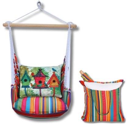 Multi colored outdoor swing crafted by the artisans of Magnolia Casual called the Swing Set 4 piece Le Jardin Stripe w/ 3 Birdhouses featuring 100 percent weather resistant fabric, weather resistant polyester fabric, handcrafted shown against a clean backdrop featuring with a stripe motif.