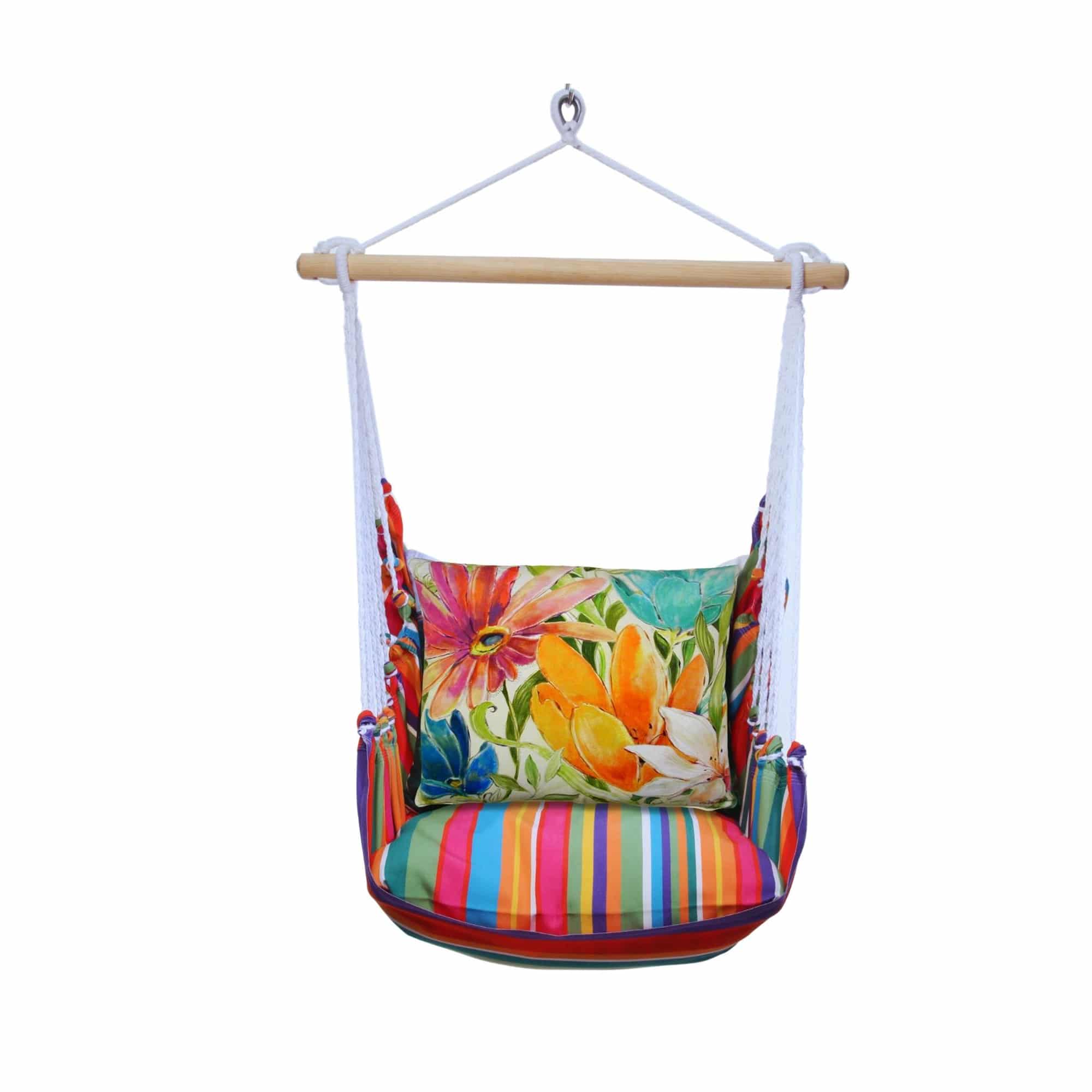 Multi colored outdoor swing crafted by the artisans of Magnolia Casual called the Swing Set 4 piece Le Jardin Stripe w/ Tropical 1 featuring 100 percent weather resistant fabric, weather resistant polyester fabric, handcrafted shown against a clean backdrop featuring with a stripe motif.