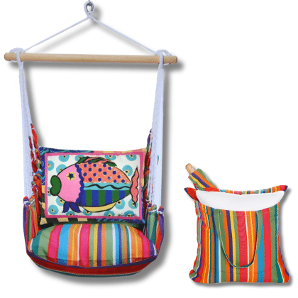 Multi colored outdoor swing crafted by the artisans of Magnolia Casual called the Swing Set 4 piece Le Jardin Stripe w/ Fish featuring 100 percent weather resistant fabric, weather resistant polyester fabric, handcrafted shown against a clean backdrop featuring with a stripe motif.