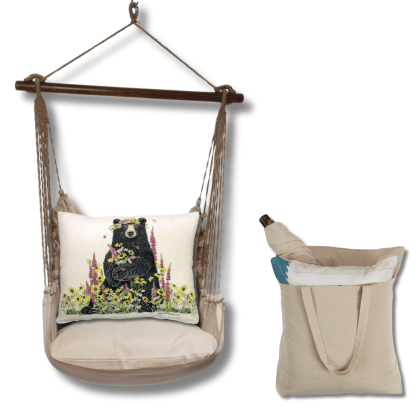Multi colored outdoor swing crafted by the artisans of Magnolia Casual called the Swing Set 4 piece Latte Solid w/ Wildflower Bear featuring 100 percent weather resistant fabric, weather resistant polyester fabric, handcrafted shown against a clean backdrop.