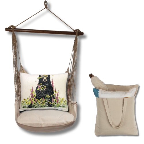 Multi colored outdoor swing crafted by the artisans of Magnolia Casual called the Swing Set 4 piece Latte Solid w/ Wildflower Bear featuring 100 percent weather resistant fabric, weather resistant polyester fabric, handcrafted shown against a clean backdrop.
