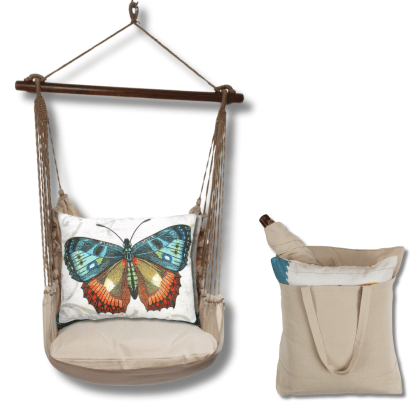 Multi colored outdoor swing crafted by the artisans of Magnolia Casual called the Swing Set 4 piece Latte Solid w/ Butterfly M2 featuring 100 percent weather resistant fabric, weather resistant polyester fabric, handcrafted shown against a clean backdrop featuring with a butterfly motif.