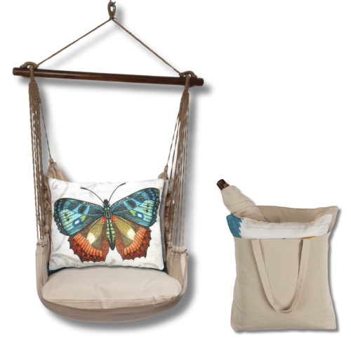 Multi colored outdoor swing crafted by the artisans of Magnolia Casual called the Swing Set 4 piece Latte Solid w/ Butterfly M2 featuring 100 percent weather resistant fabric, weather resistant polyester fabric, handcrafted shown against a clean backdrop featuring with a butterfly motif.