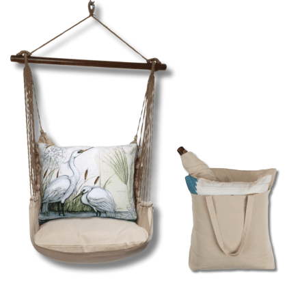 Multi colored outdoor swing crafted by the artisans of Magnolia Casual called the Swing Set 4 piece Latte Solid w/ Heron Pair featuring 100 percent weather resistant fabric, weather resistant polyester fabric, handcrafted shown against a clean backdrop.