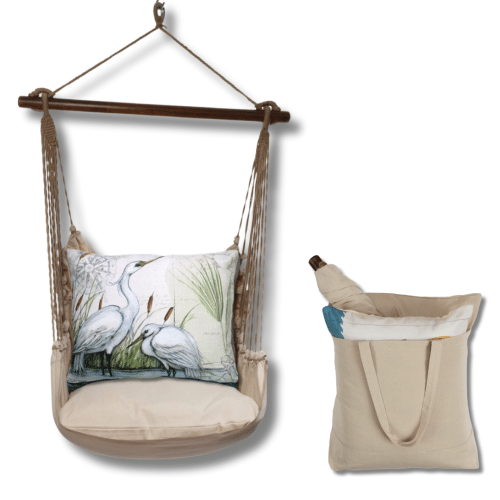 Multi colored outdoor swing crafted by the artisans of Magnolia Casual called the Swing Set 4 piece Latte Solid w/ Heron Pair featuring 100 percent weather resistant fabric, weather resistant polyester fabric, handcrafted shown against a clean backdrop.