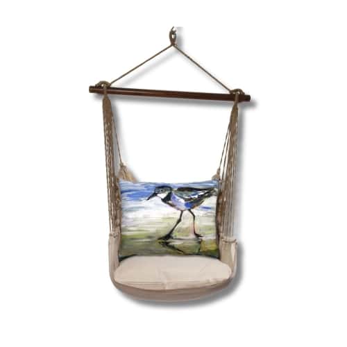 Multi colored outdoor swing crafted by the artisans of Magnolia Casual called the Swing Set 4 piece Latte Solid w/ Sandpiper featuring 100 percent weather resistant fabric, weather resistant polyester fabric, handcrafted shown against a clean backdrop.