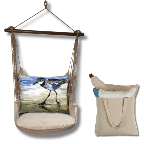 Multi colored outdoor swing crafted by the artisans of Magnolia Casual called the Swing Set 4 piece Latte Solid w/ Sandpiper featuring 100 percent weather resistant fabric, weather resistant polyester fabric, handcrafted shown against a clean backdrop.