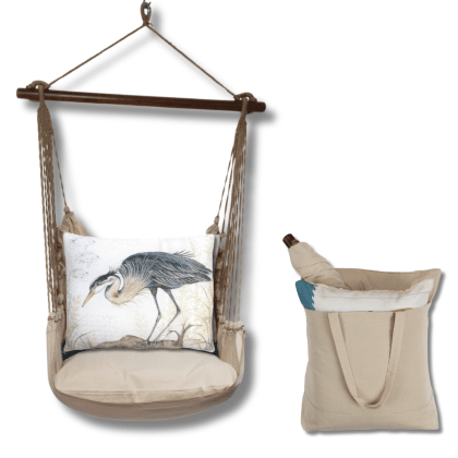 Multi colored outdoor swing crafted by the artisans of Magnolia Casual called the Swing Set 4 piece Latte Solid w/ Heron on Limb featuring 100 percent weather resistant fabric, weather resistant polyester fabric, handcrafted shown against a clean backdrop.