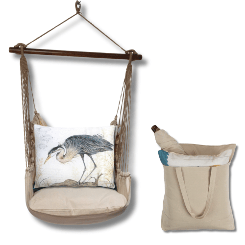 Multi colored outdoor swing crafted by the artisans of Magnolia Casual called the Swing Set 4 piece Latte Solid w/ Heron on Limb featuring 100 percent weather resistant fabric, weather resistant polyester fabric, handcrafted shown against a clean backdrop.