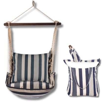 Multi colored outdoor swing crafted by the artisans of Magnolia Casual called the Swing Set 4 piece Marina Stripe w/ Marina Stripe featuring 100 percent weather resistant fabric, weather resistant polyester fabric, handcrafted shown against a clean backdrop featuring with a stripe motif.