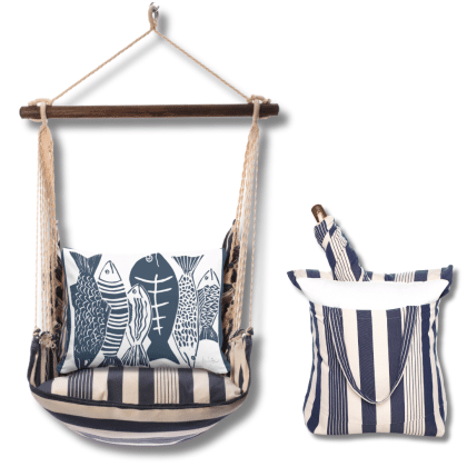 Multi colored outdoor swing crafted by the artisans of Magnolia Casual called the Swing Set 4 piece Marina Stripe w/ Fish featuring 100 percent weather resistant fabric, weather resistant polyester fabric, handcrafted shown against a clean backdrop featuring with a stripe motif.