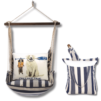 Multi colored outdoor swing crafted by the artisans of Magnolia Casual called the Swing Set 4 piece Marina Stripe w/ Lake Time featuring 100 percent weather resistant fabric, weather resistant polyester fabric, handcrafted shown against a clean backdrop featuring with a stripe motif.