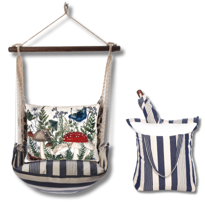Multi colored outdoor swing crafted by the artisans of Magnolia Casual called the Swing Set 4 piece Marina Stripe w/ Botanical Mushrooms 1 featuring 100 percent weather resistant fabric, weather resistant polyester fabric, handcrafted shown against a clean backdrop featuring with a stripe motif.