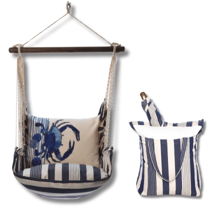 Multi colored outdoor swing crafted by the artisans of Magnolia Casual called the Swing Set 4 piece Marina Stripe w/ Crab featuring 100 percent weather resistant fabric, weather resistant polyester fabric, handcrafted shown against a clean backdrop featuring with a stripe motif.