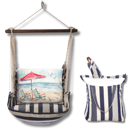 Teal outdoor swing crafted by the artisans of Magnolia Casual called the Swing Set 4 piece Marina Stripe w/ Teal Beach Chairs featuring 100 percent weather resistant fabric, weather resistant polyester fabric, handcrafted shown against a clean backdrop featuring with a stripe motif and shades of teal.