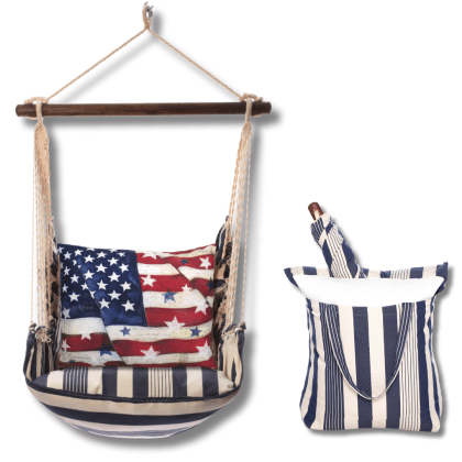 Multi colored outdoor swing crafted by the artisans of Magnolia Casual called the Swing Set 4 piece Marina Stripe w/ American Flag with Stars featuring 100 percent weather resistant fabric, weather resistant polyester fabric, handcrafted shown against a clean backdrop featuring with a stripe motif.