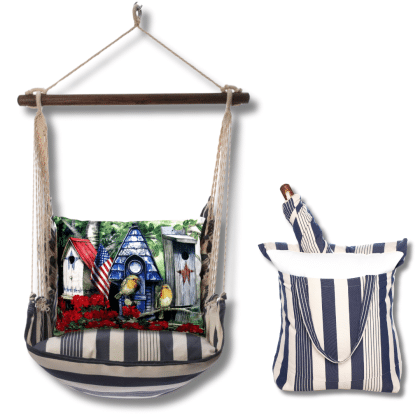 Multi colored outdoor swing crafted by the artisans of Magnolia Casual called the Swing Set 4 piece Marina Stripe w/ Americana Birdhouse featuring 100 percent weather resistant fabric, weather resistant polyester fabric, handcrafted shown against a clean backdrop featuring with a stripe motif.