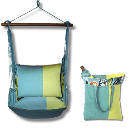 Multi colored outdoor swing crafted by the artisans of Magnolia Casual called the Swing Set 4 piece Meadow Mist Stripe w/ Meadow Mist Stripe featuring 100 percent weather resistant fabric, weather resistant polyester fabric, handcrafted, natural materials shown against a clean backdrop featuring with a stripe motif.