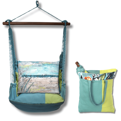 Multi colored outdoor swing crafted by the artisans of Magnolia Casual called the Swing Set 4 piece Meadow Mist Stripe w/ Coastal Landscape 1 featuring 100 percent weather resistant fabric, weather resistant polyester fabric, handcrafted, natural materials shown against a clean backdrop featuring with a stripe motif.