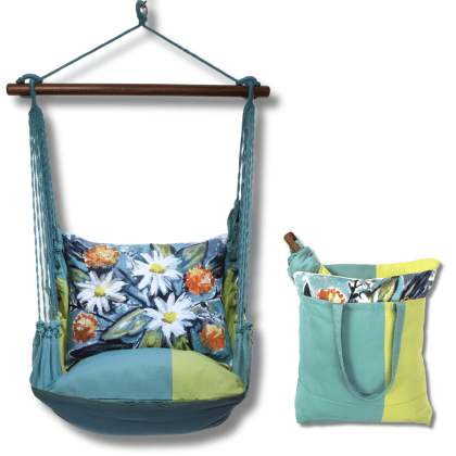 Multi colored outdoor swing crafted by the artisans of Magnolia Casual called the Swing Set 4 piece Meadow Mist Stripe w/ Floral Impressions featuring 100 percent weather resistant fabric, weather resistant polyester fabric, handcrafted, natural materials shown against a clean backdrop featuring with a stripe motif.