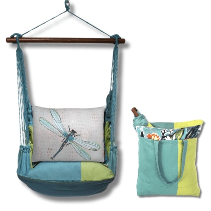 Blue outdoor swing crafted by the artisans of Magnolia Casual called the Swing Set 4 piece Meadow Mist Stripe w/ Dragonfly Blue featuring 100 percent weather resistant fabric, weather resistant polyester fabric, handcrafted, natural materials shown against a clean backdrop featuring with a stripe motif and shades of blue.