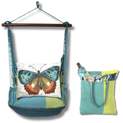 Multi colored outdoor swing crafted by the artisans of Magnolia Casual called the Swing Set 4 piece Meadow Mist Stripe w/ Butterfly M2 featuring 100 percent weather resistant fabric, weather resistant polyester fabric, handcrafted, natural materials shown against a clean backdrop featuring with a stripe motif.