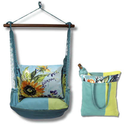 Teal outdoor swing crafted by the artisans of Magnolia Casual called the Swing Set 4 piece Meadow Mist Stripe w/ Sunflowers on Teal 2 featuring 100 percent weather resistant fabric, weather resistant polyester fabric, handcrafted, natural materials shown against a clean backdrop featuring with a stripe motif and shades of teal.