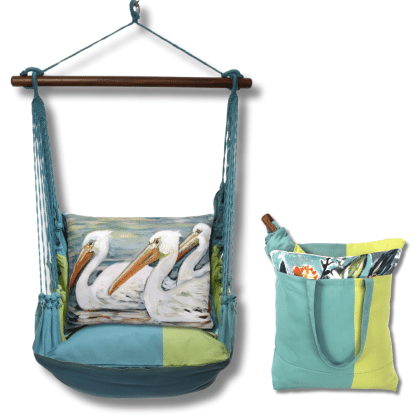 Multi colored outdoor swing crafted by the artisans of Magnolia Casual called the Swing Set 4 piece Meadow Mist Stripe w/ 3 Pelicans Swimming featuring 100 percent weather resistant fabric, weather resistant polyester fabric, handcrafted, natural materials shown against a clean backdrop featuring with a stripe motif.
