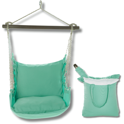 Green outdoor swing crafted by the artisans of Magnolia Casual called the Swing Set 4 piece Seafoam Green Solid w/ Seafoam Green Solid featuring 100 percent weather resistant fabric, weather resistant polyester fabric, handcrafted shown against a clean backdrop featuring shades of green.