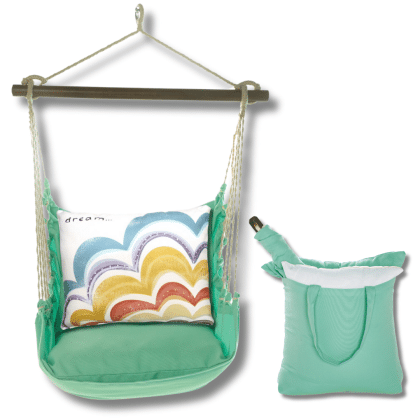 Green outdoor swing crafted by the artisans of Magnolia Casual called the Swing Set 4 piece Seafoam Green Solid w/ Dream featuring 100 percent weather resistant fabric, weather resistant polyester fabric, handcrafted shown against a clean backdrop featuring shades of green.