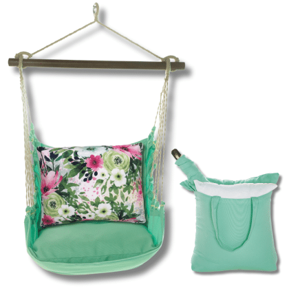 Green outdoor swing crafted by the artisans of Magnolia Casual called the Swing Set 4 piece Seafoam Green Solid w/ Meadow Dance 2 featuring 100 percent weather resistant fabric, weather resistant polyester fabric, handcrafted shown against a clean backdrop featuring shades of green.