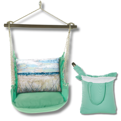 Green outdoor swing crafted by the artisans of Magnolia Casual called the Swing Set 4 piece Seafoam Green Solid w/ Coastal Landscape 2 featuring 100 percent weather resistant fabric, weather resistant polyester fabric, handcrafted shown against a clean backdrop featuring shades of green.