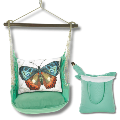 Green outdoor swing crafted by the artisans of Magnolia Casual called the Swing Set 4 piece Seafoam Green Solid w/ Butterfly M2 featuring 100 percent weather resistant fabric, weather resistant polyester fabric, handcrafted shown against a clean backdrop featuring with a butterfly motif and shades of green.