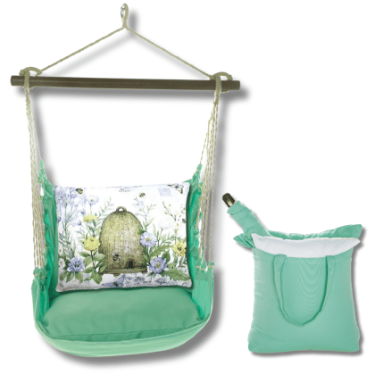 Green outdoor swing crafted by the artisans of Magnolia Casual called the Swing Set 4 piece Seafoam Green Solid w/ Bee Skep featuring 100 percent weather resistant fabric, weather resistant polyester fabric, handcrafted shown against a clean backdrop featuring with a bee motif and shades of green.