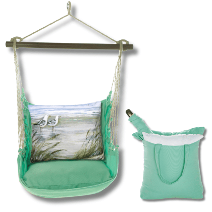 Green outdoor swing crafted by the artisans of Magnolia Casual called the Swing Set 4 piece Seafoam Green Solid w/ Seagulls featuring 100 percent weather resistant fabric, weather resistant polyester fabric, handcrafted shown against a clean backdrop featuring shades of green.