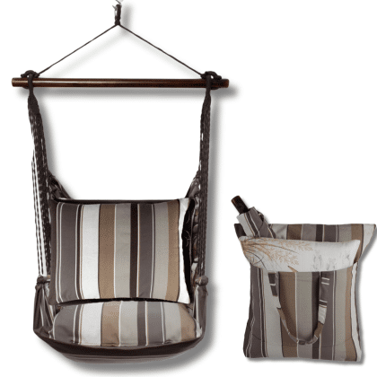 Gray outdoor swing crafted by the artisans of Magnolia Casual called the Swing Set 4 piece Slate Gray Stripe w/ Slate Gray Stripe featuring 100 percent weather resistant fabric, weather resistant polyester fabric, handcrafted shown against a clean backdrop featuring with a stripe motif and shades of gray.