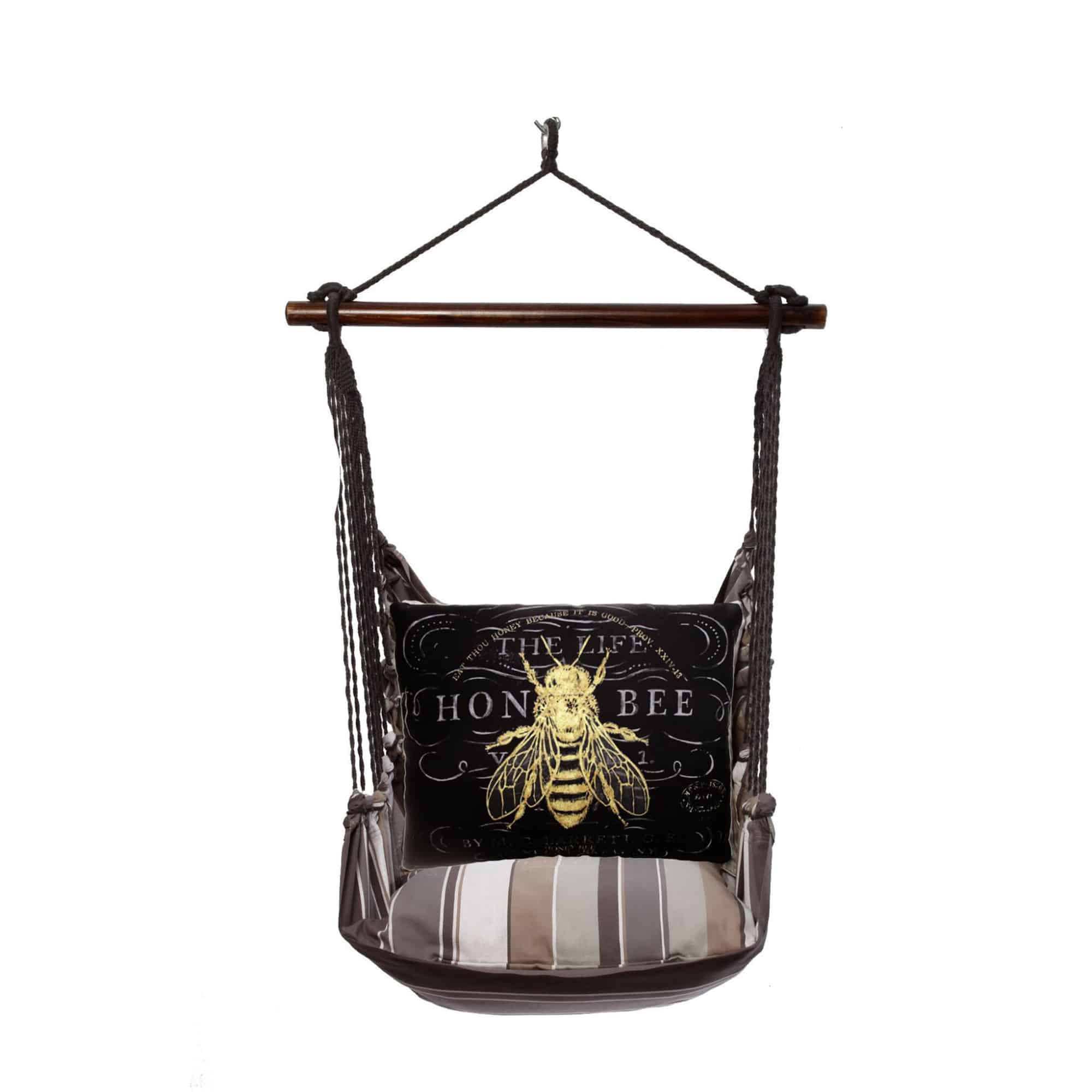 Black outdoor swing crafted by the artisans of Magnolia Casual called the Swing Set 4 piece Slate Gray Stripe w/ Vintage Bee on Black featuring 100 percent weather resistant fabric, weather resistant polyester fabric, handcrafted shown against a clean backdrop featuring with a stripe motif and shades of gray and black.