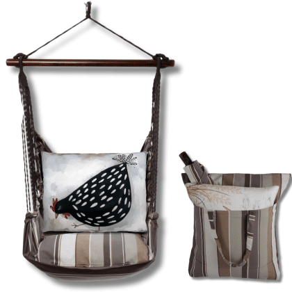 Gray outdoor swing crafted by the artisans of Magnolia Casual called the Swing Set 4 piece Slate Gray Stripe w/ Good Chick featuring 100 percent weather resistant fabric, weather resistant polyester fabric, handcrafted shown against a clean backdrop featuring with a stripe motif and shades of gray.