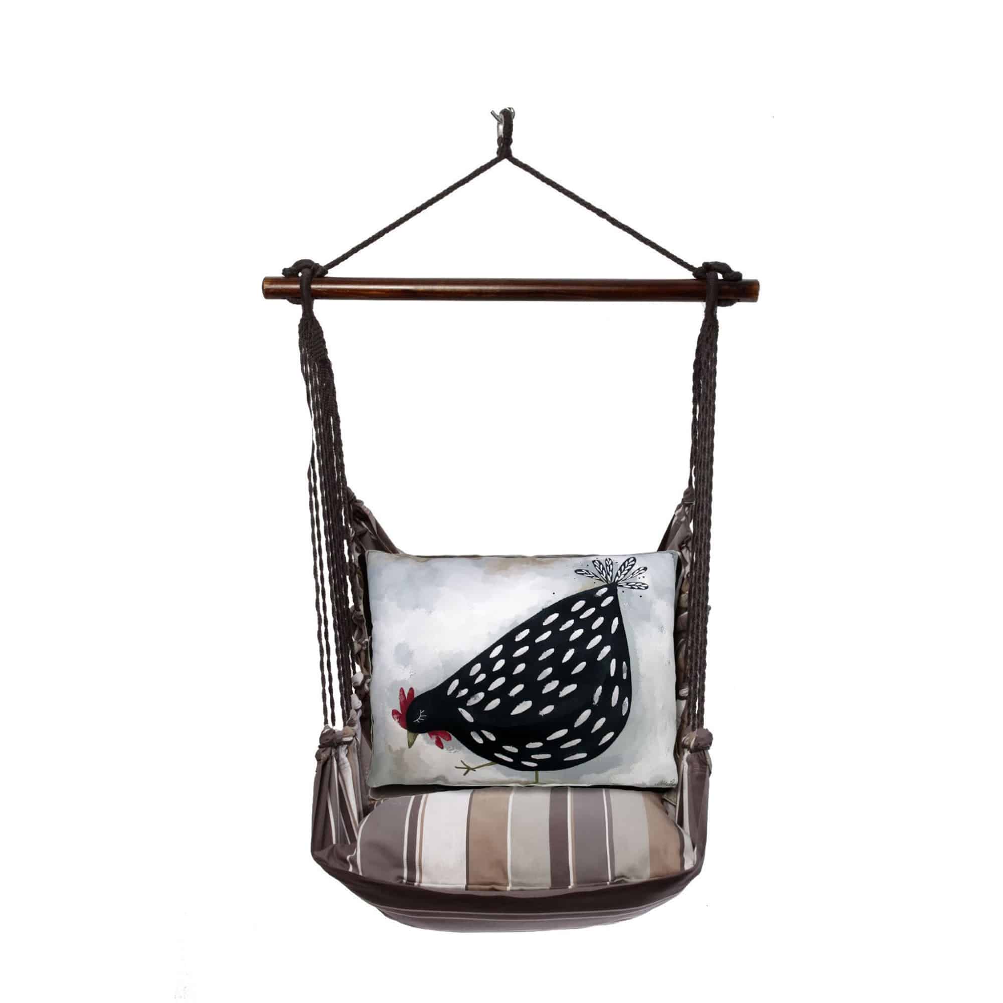 Gray outdoor swing crafted by the artisans of Magnolia Casual called the Swing Set 4 piece Slate Gray Stripe w/ Good Chick featuring 100 percent weather resistant fabric, weather resistant polyester fabric, handcrafted shown against a clean backdrop featuring with a stripe motif and shades of gray.