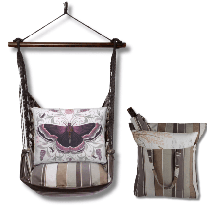 Gray outdoor swing crafted by the artisans of Magnolia Casual called the Swing Set 4 piece Slate Gray Stripe w/ Mauve Butterfly featuring 100 percent weather resistant fabric, weather resistant polyester fabric, handcrafted shown against a clean backdrop featuring with a stripe motif and shades of gray.