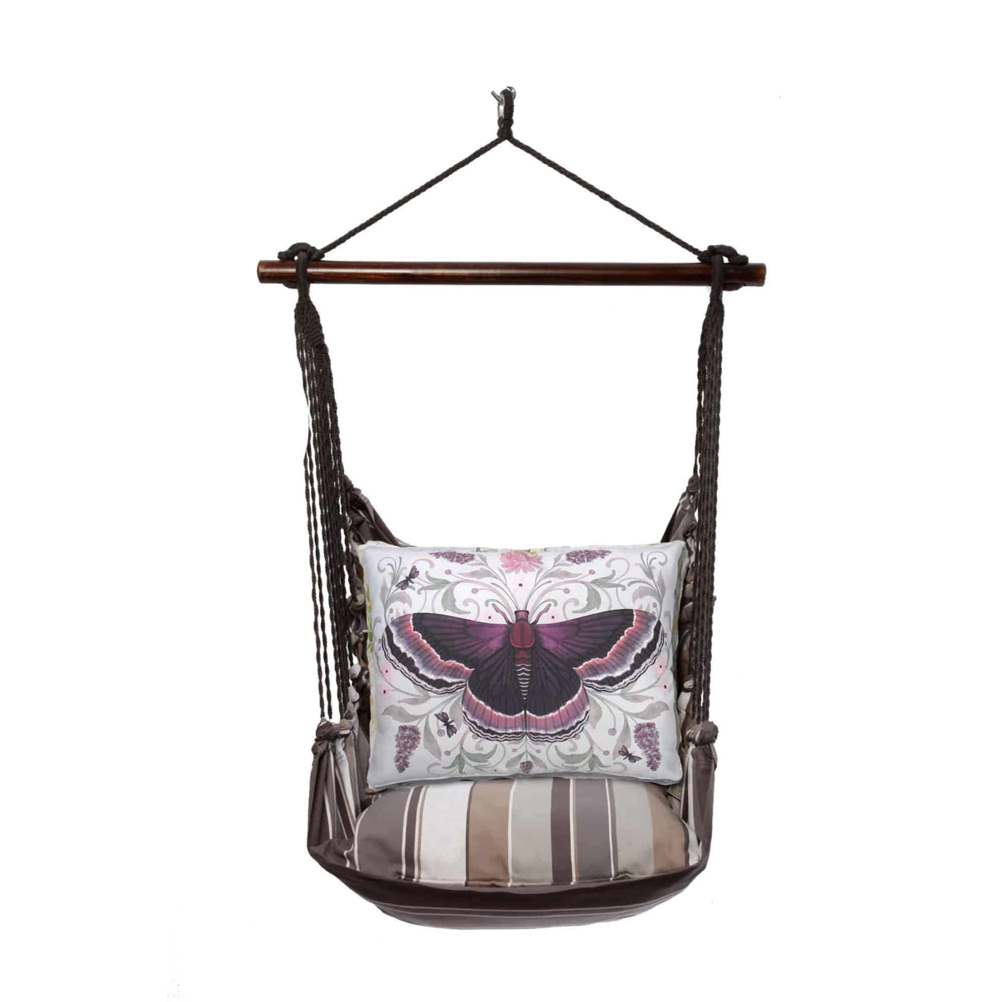 Gray outdoor swing crafted by the artisans of Magnolia Casual called the Swing Set 4 piece Slate Gray Stripe w/ Mauve Butterfly featuring 100 percent weather resistant fabric, weather resistant polyester fabric, handcrafted shown against a clean backdrop featuring with a stripe motif and shades of gray.