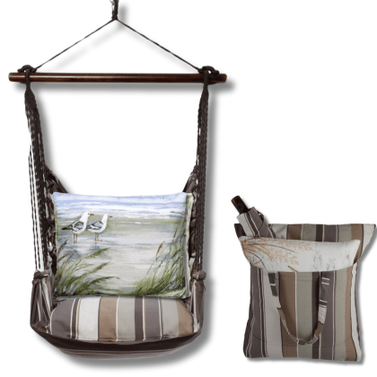 Gray outdoor swing crafted by the artisans of Magnolia Casual called the Swing Set 4 piece Slate Gray Stripe w/ Seagulls featuring 100 percent weather resistant fabric, weather resistant polyester fabric, handcrafted shown against a clean backdrop featuring with a stripe motif and shades of gray.