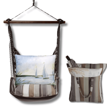 Gray outdoor swing crafted by the artisans of Magnolia Casual called the Swing Set 4 piece Slate Gray Stripe w/ Sailboats featuring 100 percent weather resistant fabric, weather resistant polyester fabric, handcrafted shown against a clean backdrop featuring with a stripe motif and shades of gray.